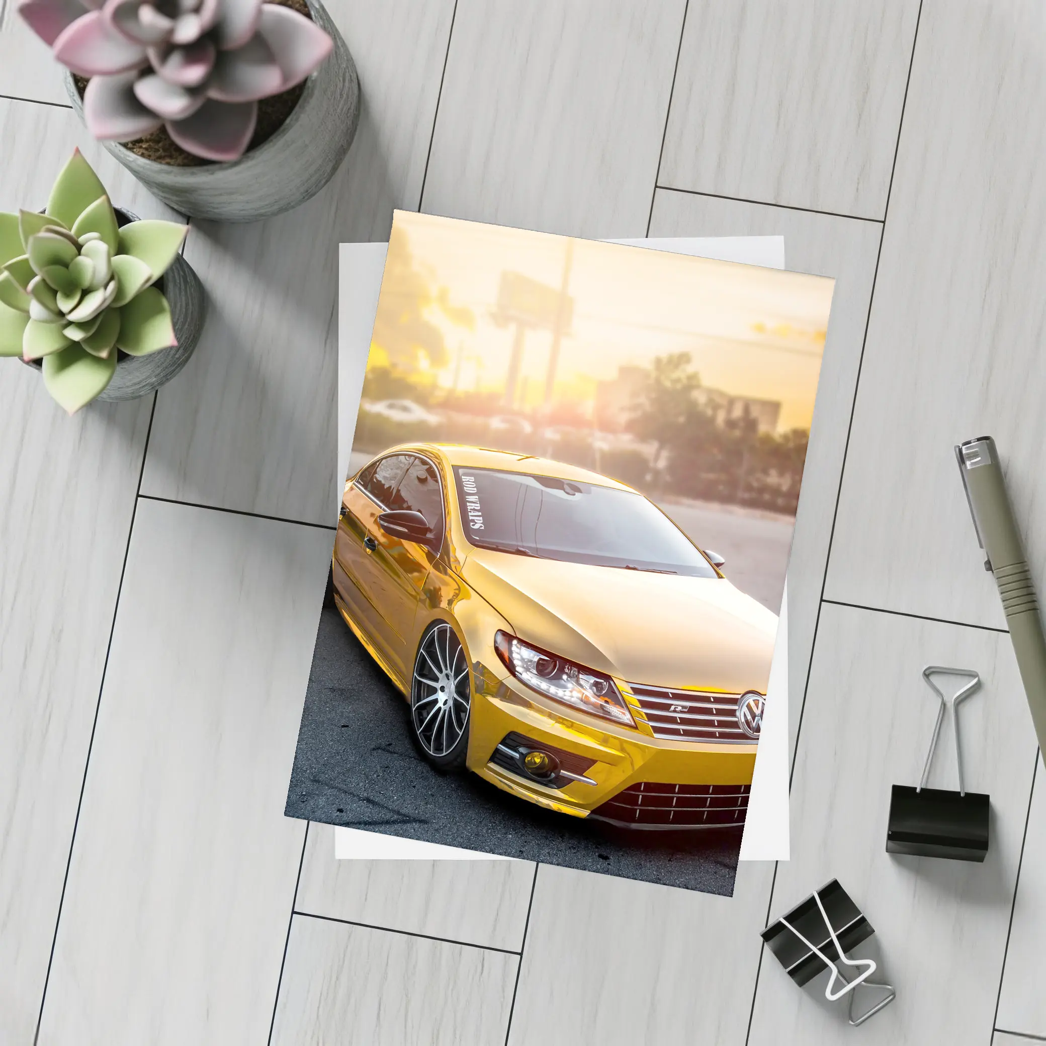 Gold Chrome Volkswagen CC Sunset Parking Lot – Postcards