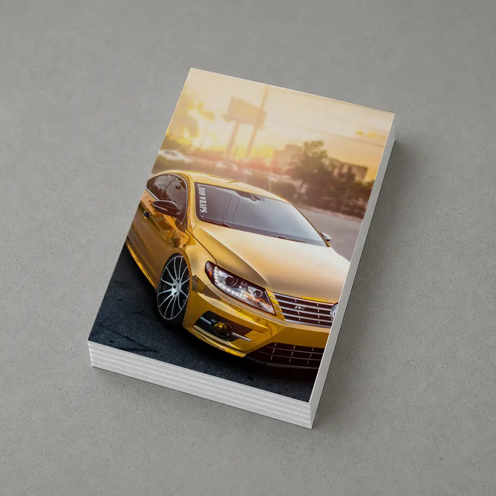 Gold Chrome Volkswagen CC Sunset Parking Lot – Postcards