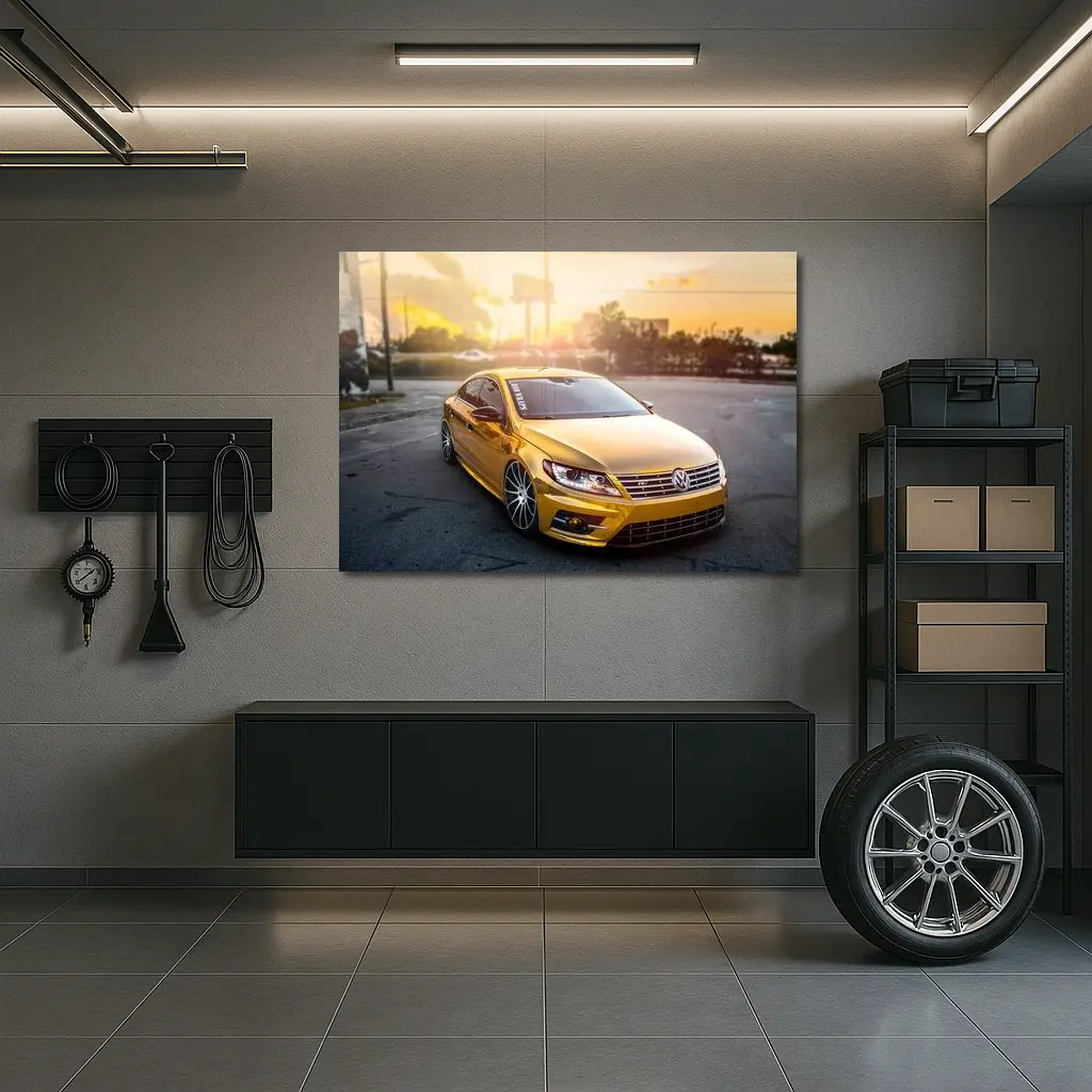 Gold Chrome Volkswagen CC Sunset Parking Lot – Wall Art