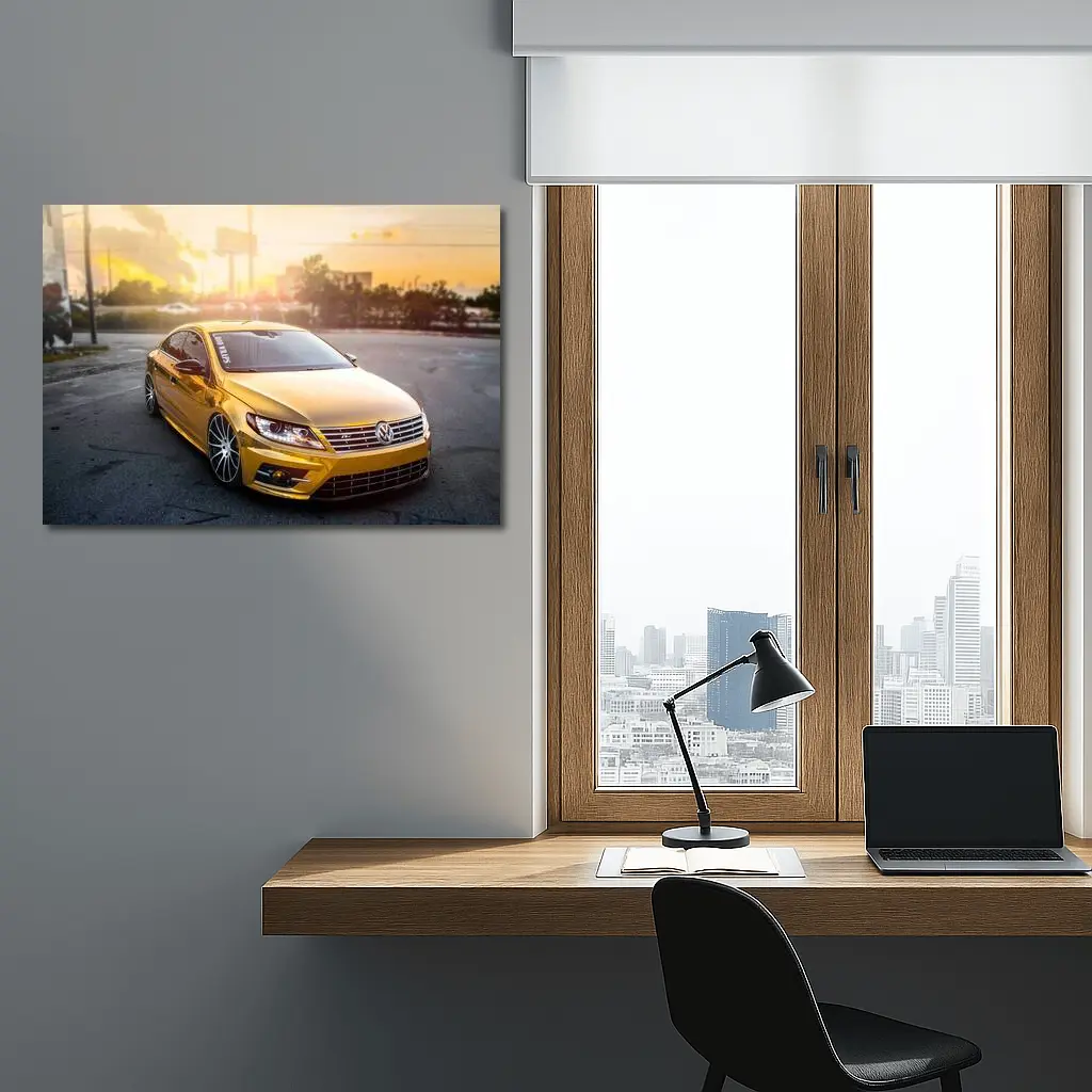 Gold Chrome Volkswagen CC Sunset Parking Lot – Wall Art