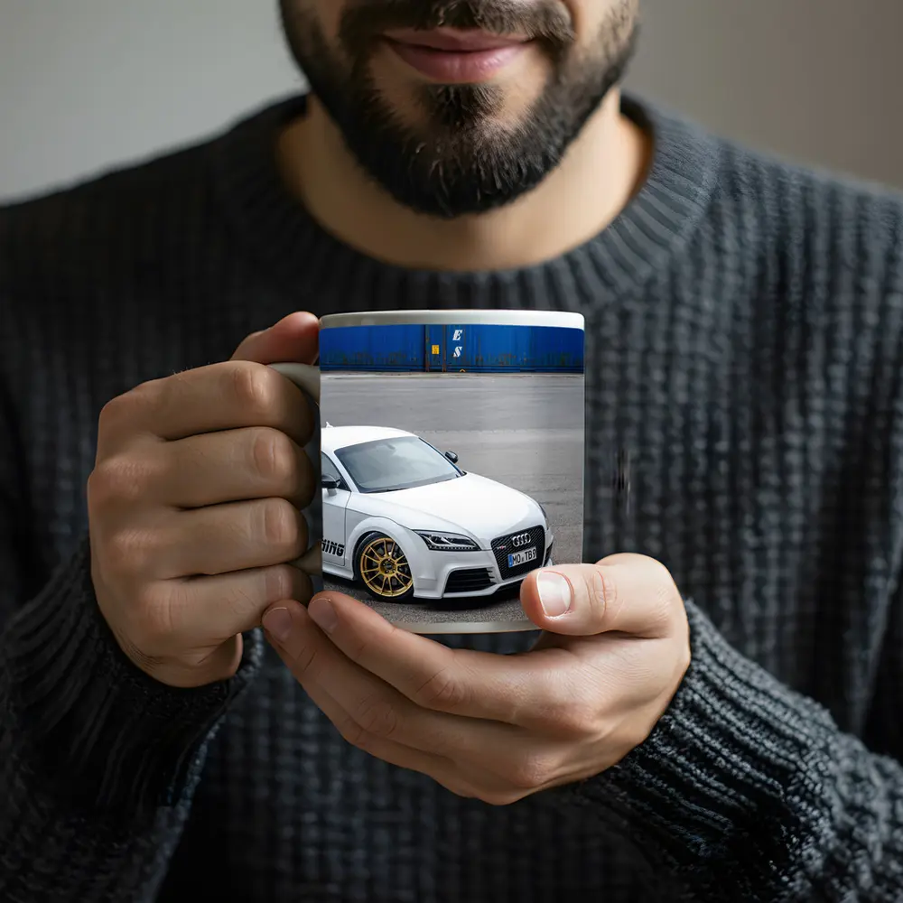 Audi TT RS White Coupe Industrial Background – Mugs