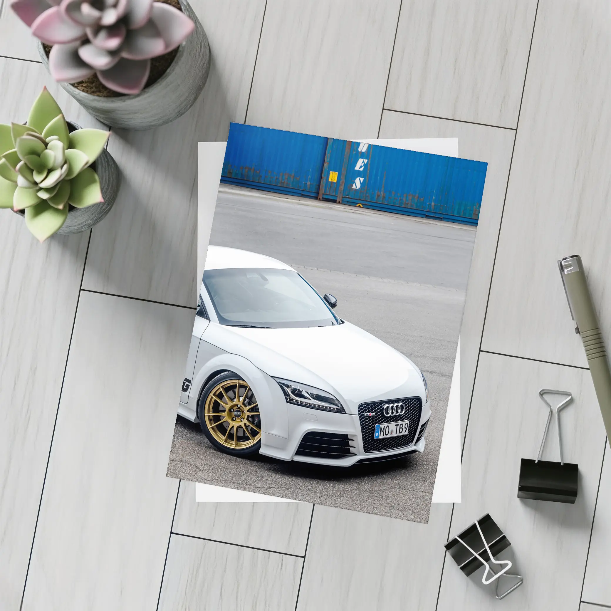 Audi TT RS White Coupe Industrial Background – Postcards