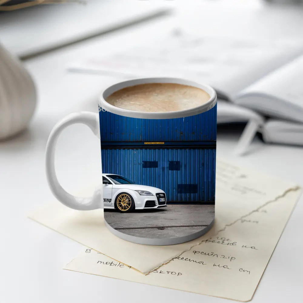 Audi TT White Coupe Blue Shipping Containers – Mugs