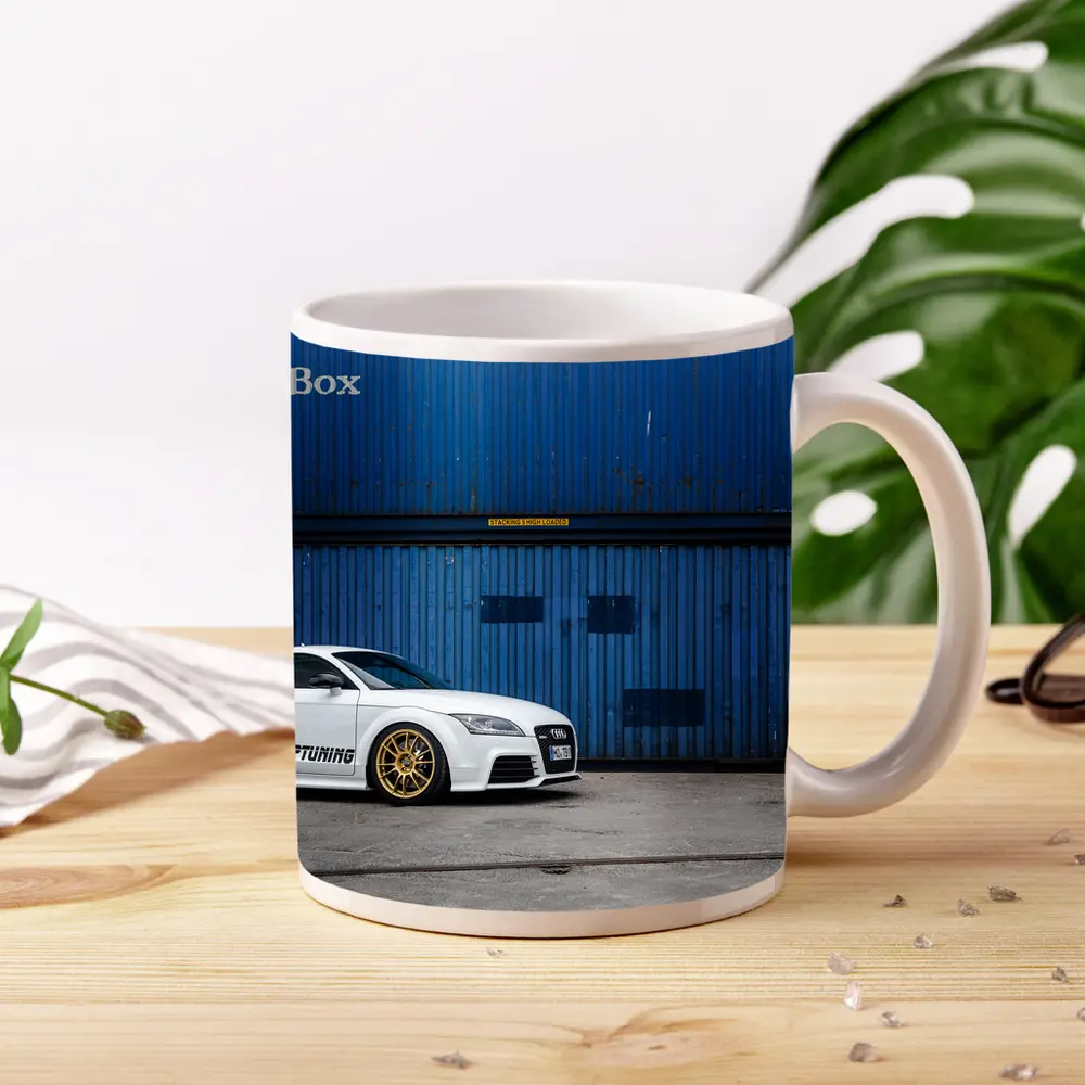 Audi TT White Coupe Blue Shipping Containers – Mugs