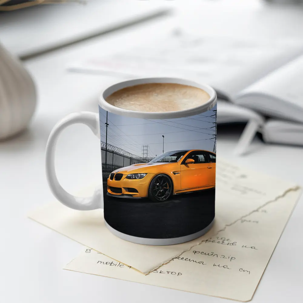 BMW M3 Yellow Coupe Urban Industrial Setting – Mugs
