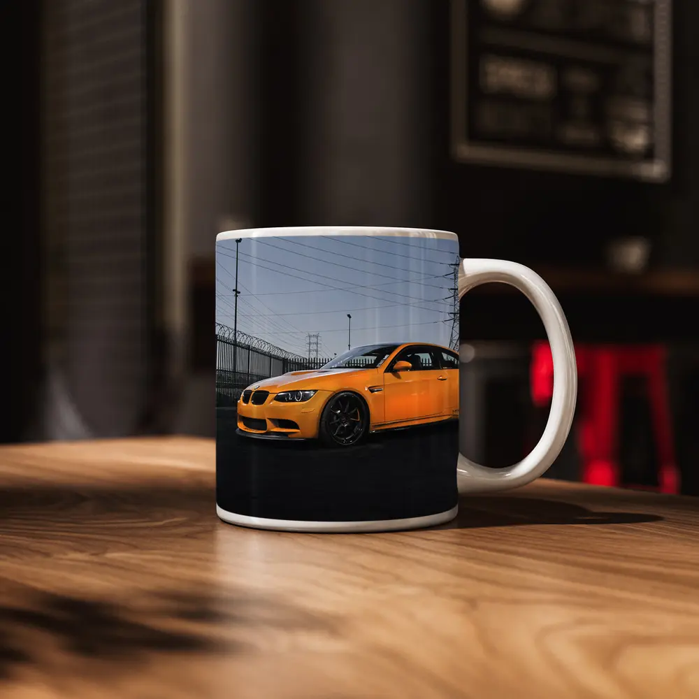 BMW M3 Yellow Coupe Urban Industrial Setting – Mugs