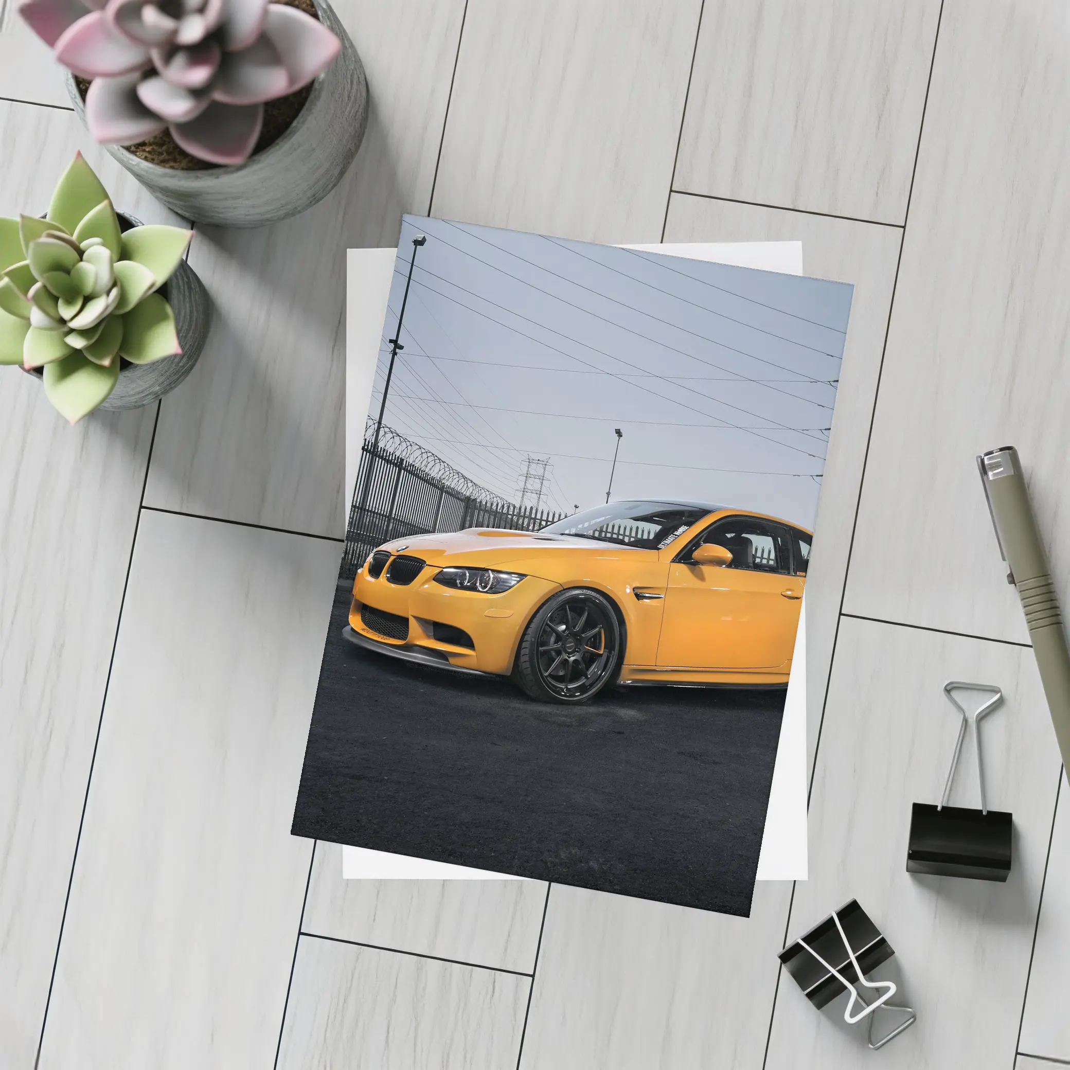 BMW M3 Yellow Coupe Urban Industrial Setting – Postcards