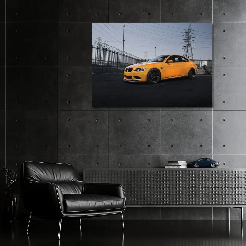 BMW M3 Yellow Coupe Urban Industrial Setting – Wall Art