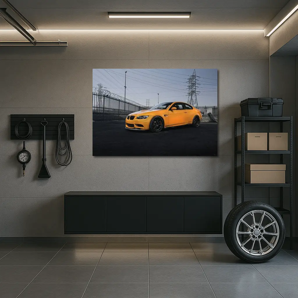 BMW M3 Yellow Coupe Urban Industrial Setting – Wall Art