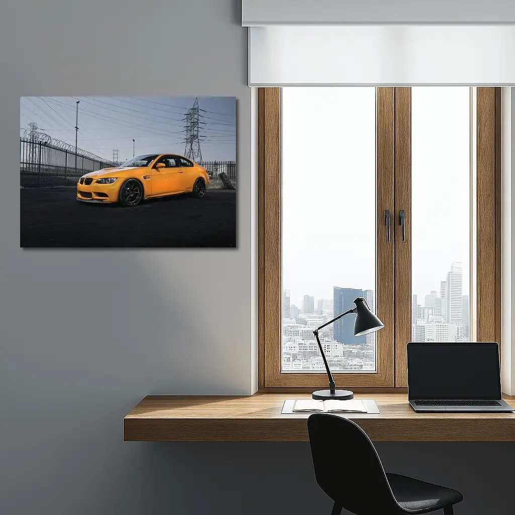 BMW M3 Yellow Coupe Urban Industrial Setting – Wall Art