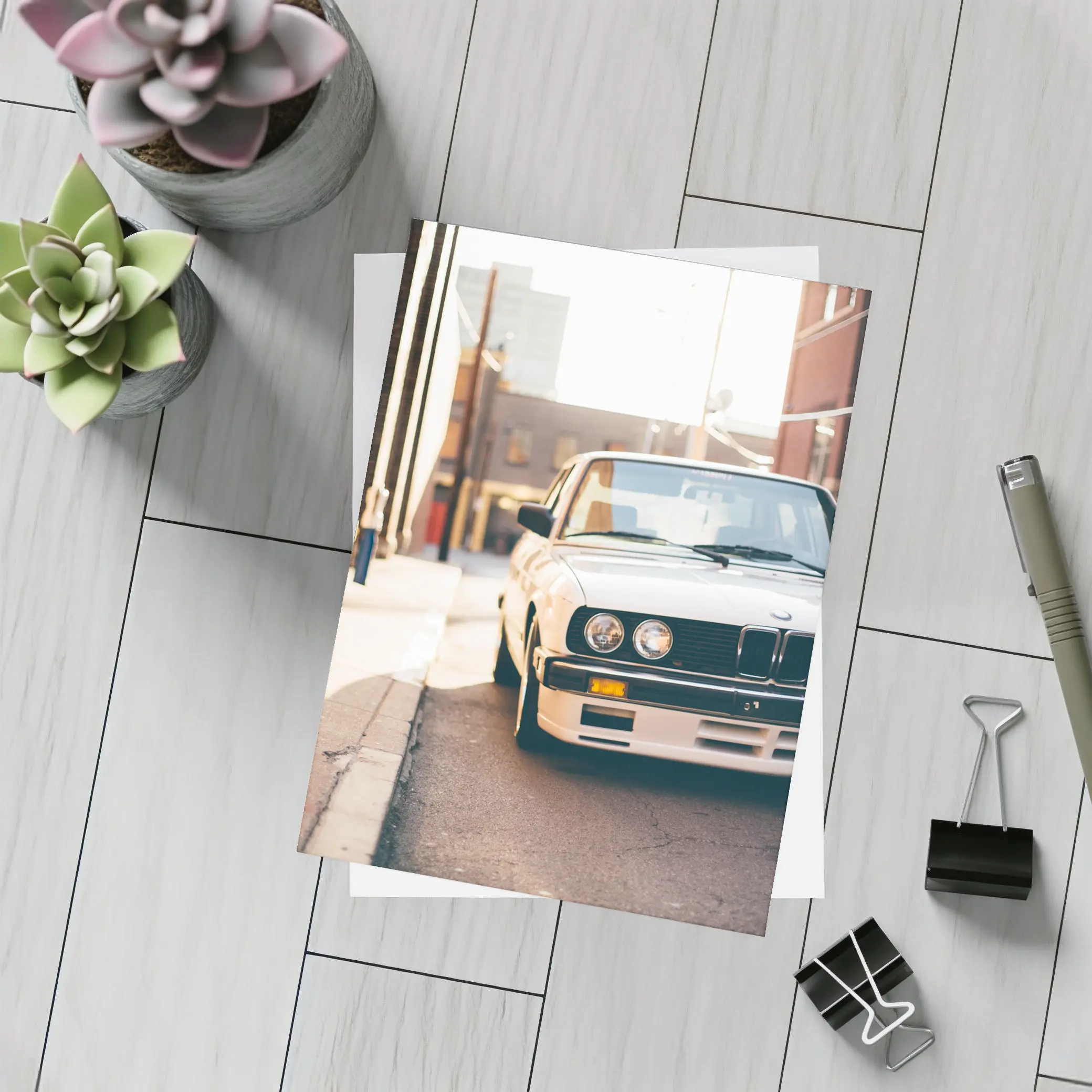 BMW E30 White Classic Car City Alley – Postcards
