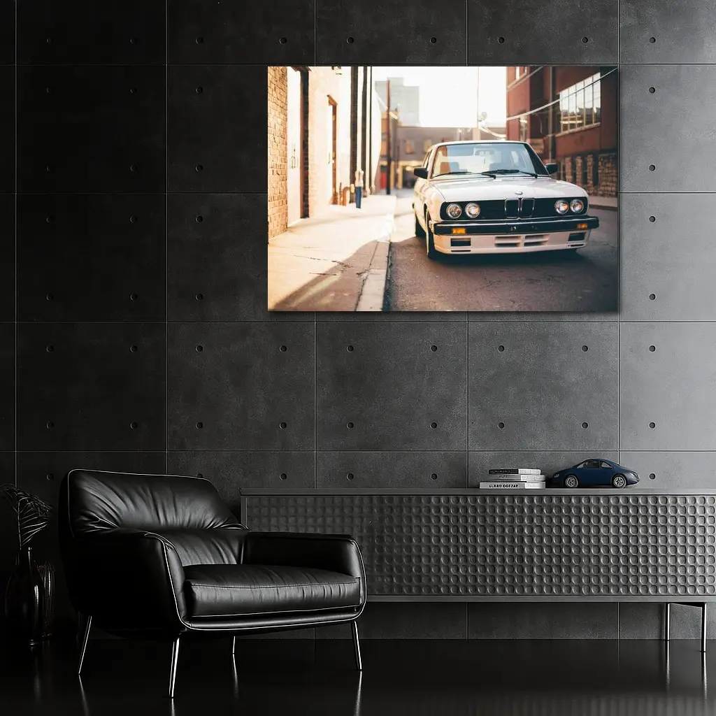 BMW E30 White Classic Car City Alley – Wall Art