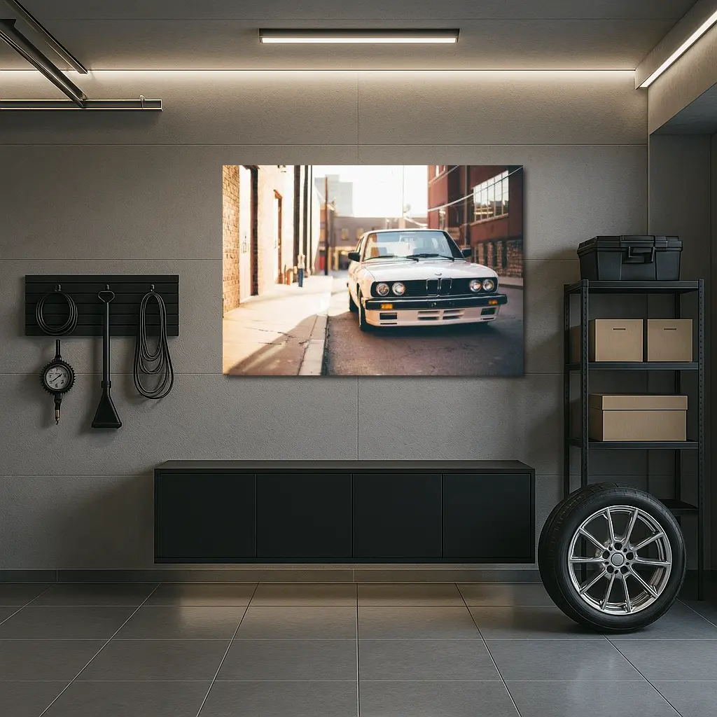 BMW E30 White Classic Car City Alley – Wall Art