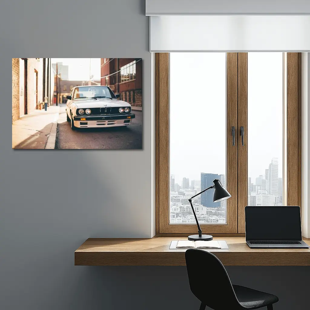 BMW E30 White Classic Car City Alley – Wall Art