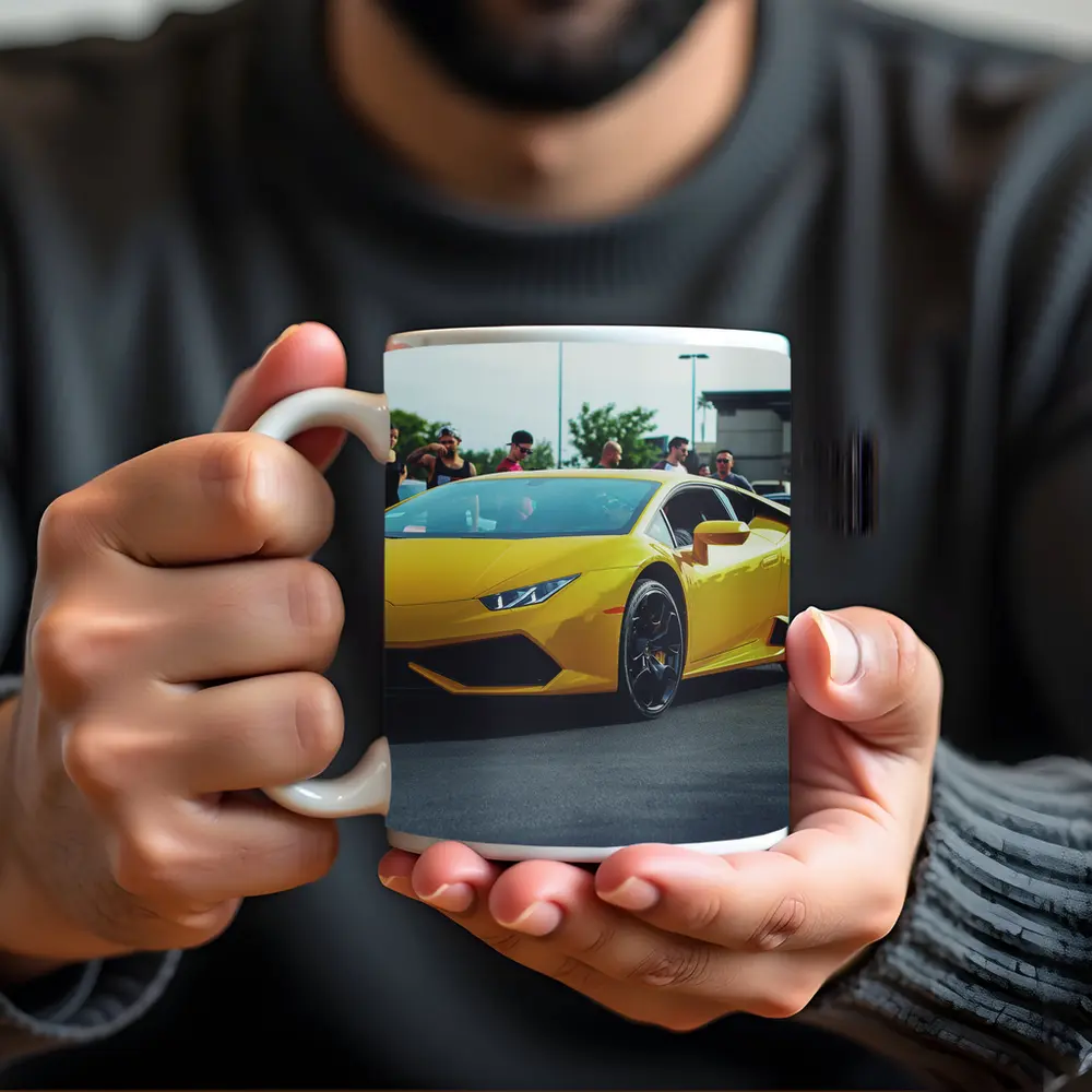 Yellow Lamborghini Huracan at Car Show – Mugs
