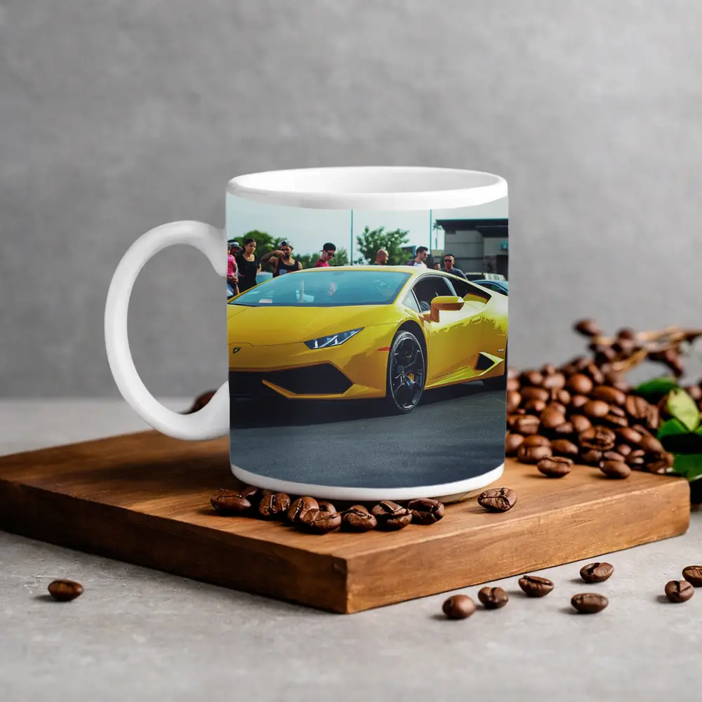 Yellow Lamborghini Huracan at Car Show – Mugs