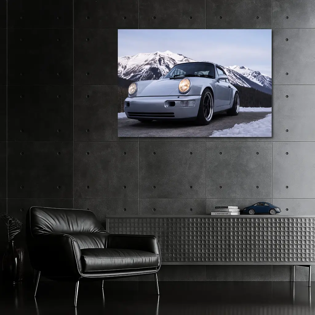 Porsche 911 Classic Silver Winter Mountain Scene – Wall Art