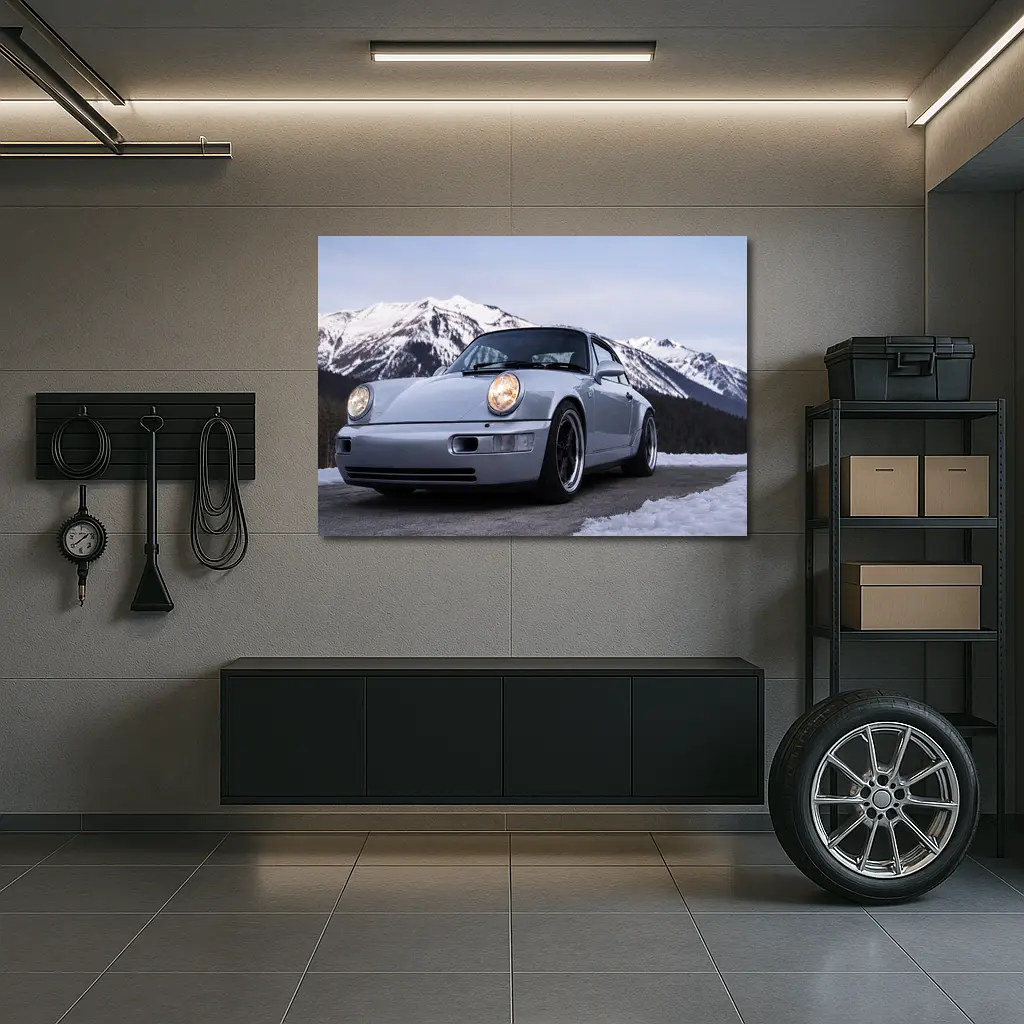 Porsche 911 Classic Silver Winter Mountain Scene – Wall Art
