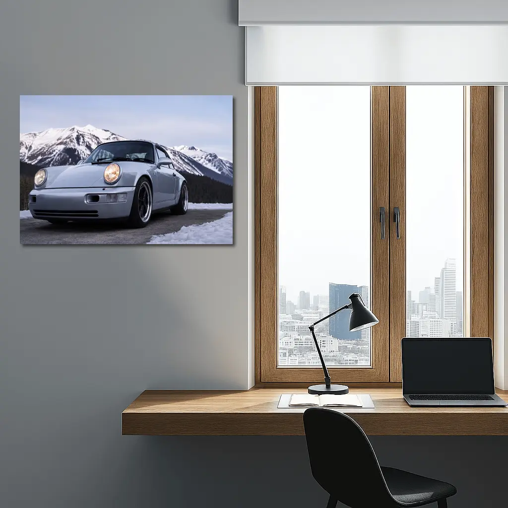 Porsche 911 Classic Silver Winter Mountain Scene – Wall Art