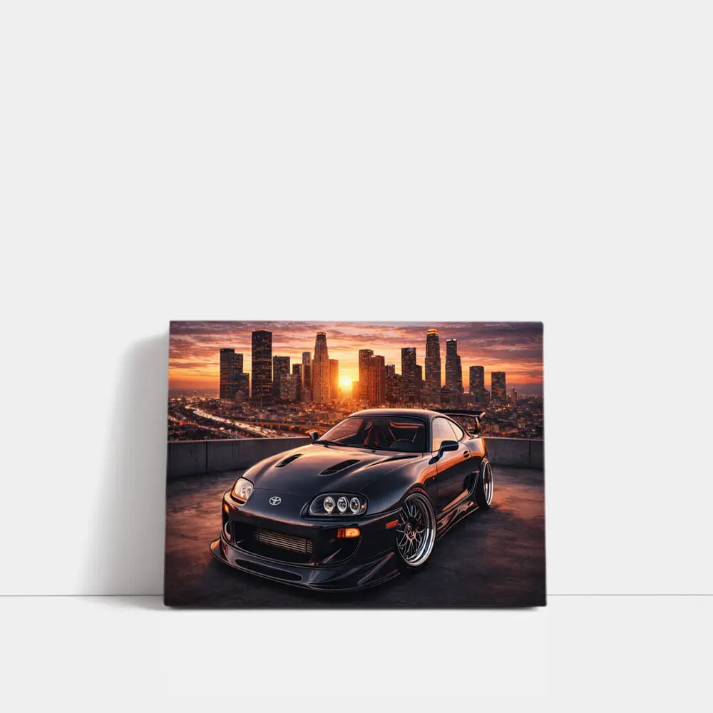 Toyota Supra Black Sports Car City Sunset – Wall Art