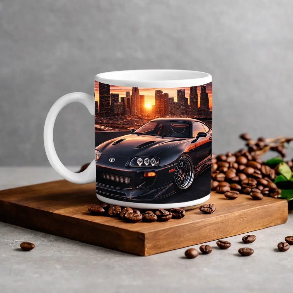 Toyota Supra Black Sports Car City Sunset – Mugs