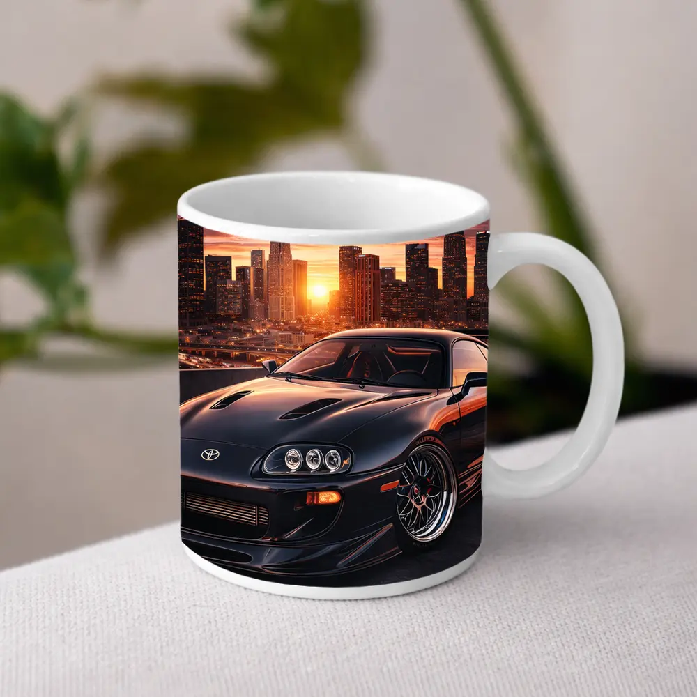 Toyota Supra Black Sports Car City Sunset – Mugs
