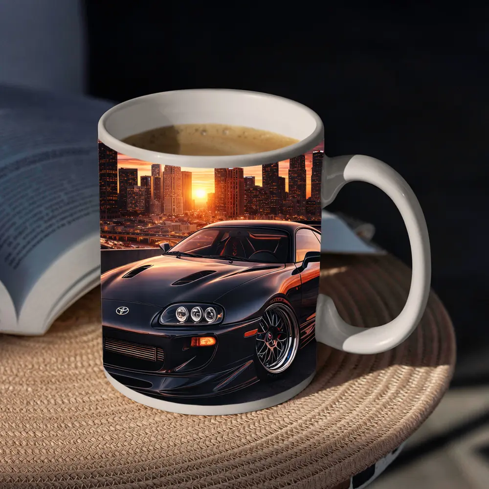 Toyota Supra Black Sports Car City Sunset – Mugs
