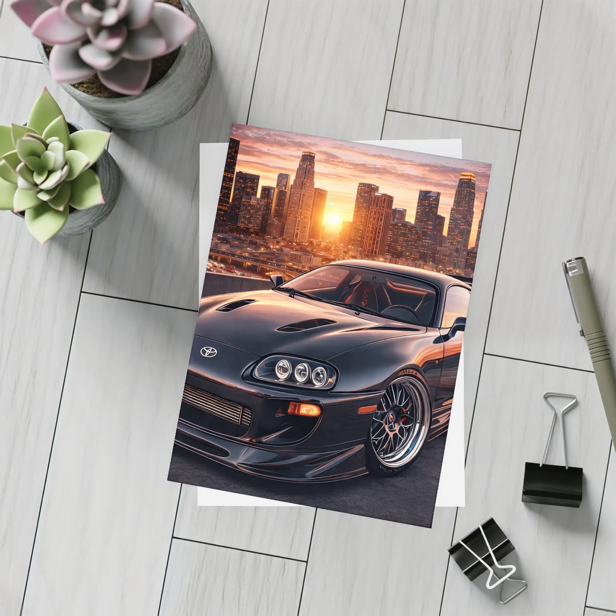 Toyota Supra Black Sports Car City Sunset – Postcards