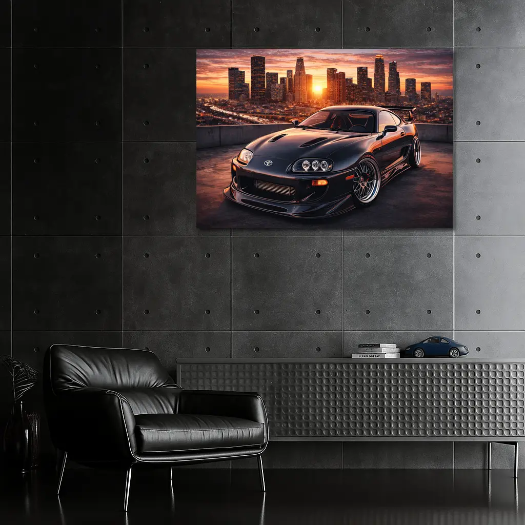 Toyota Supra Black Sports Car City Sunset – Wall Art