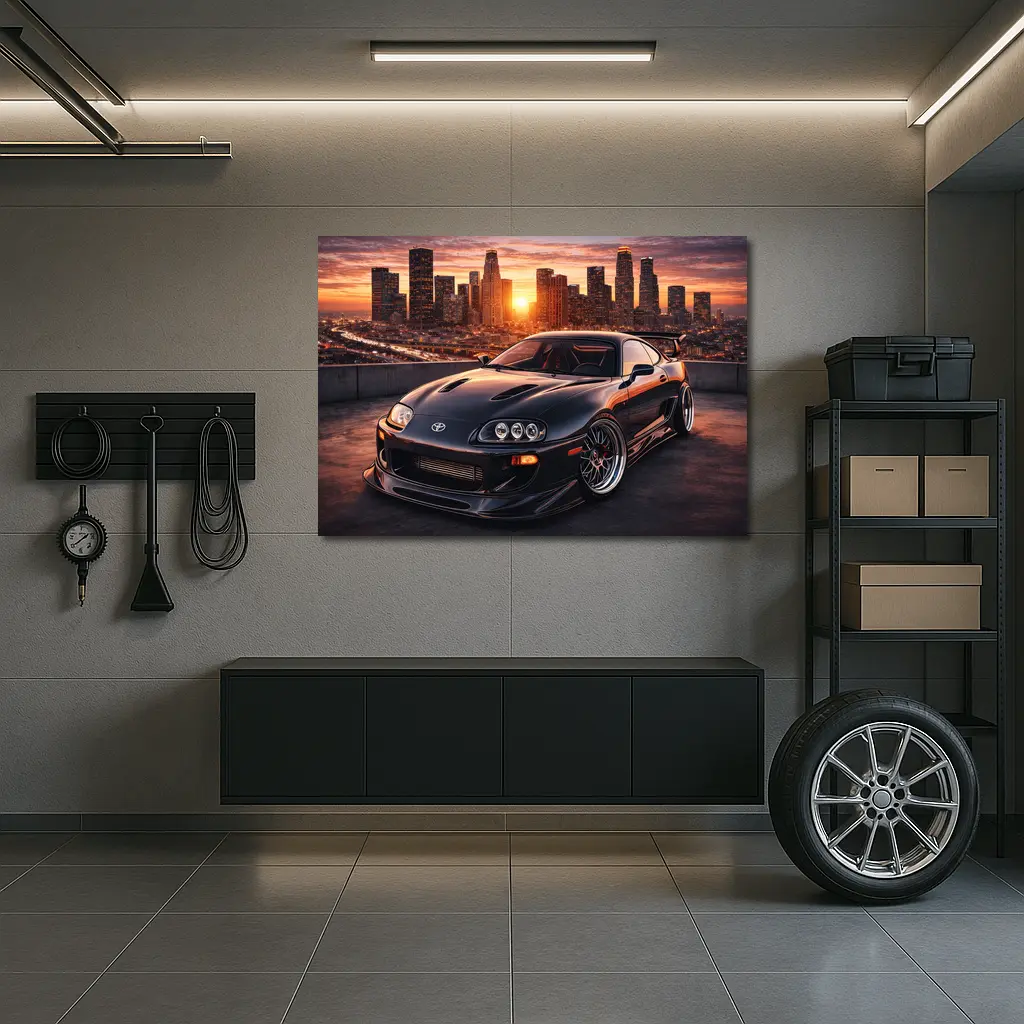 Toyota Supra Black Sports Car City Sunset – Wall Art