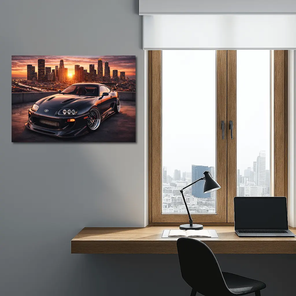 Toyota Supra Black Sports Car City Sunset – Wall Art