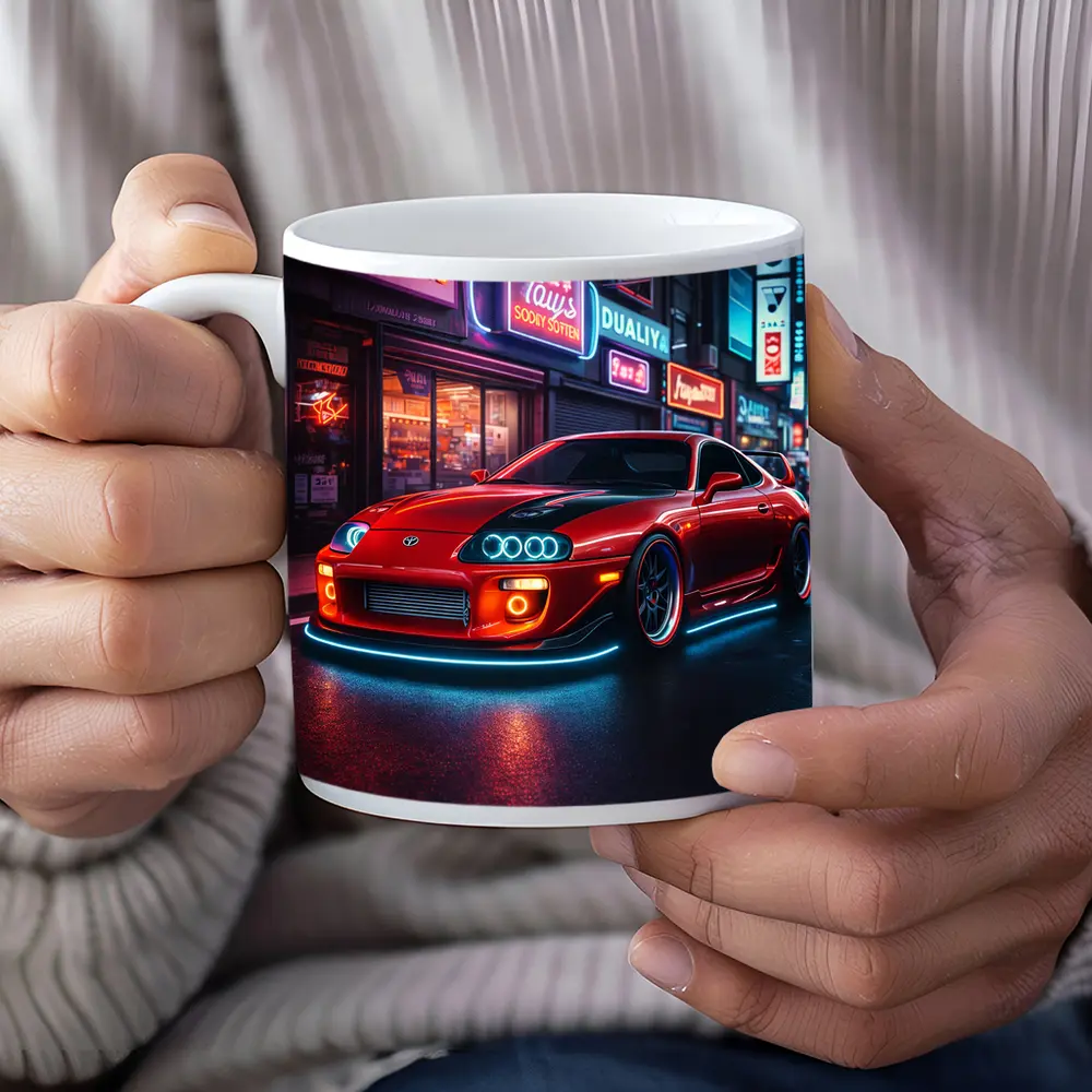 Toyota Supra Red Neon City Night Street – Mugs