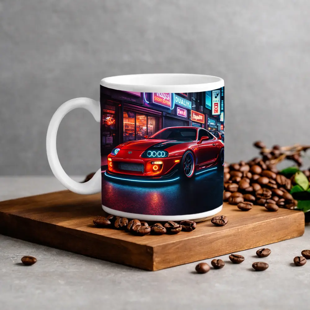 Toyota Supra Red Neon City Night Street – Mugs