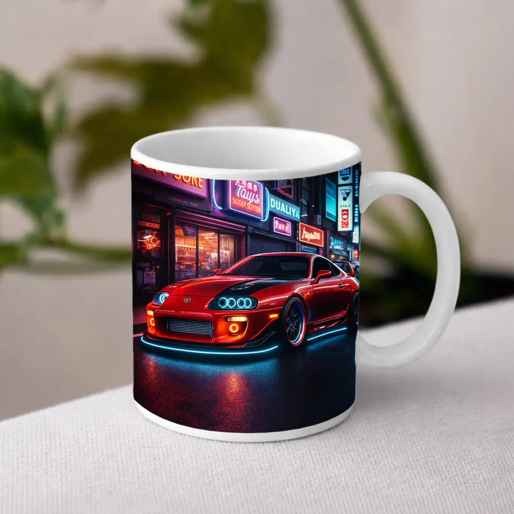 Toyota Supra Red Neon City Night Street – Mugs