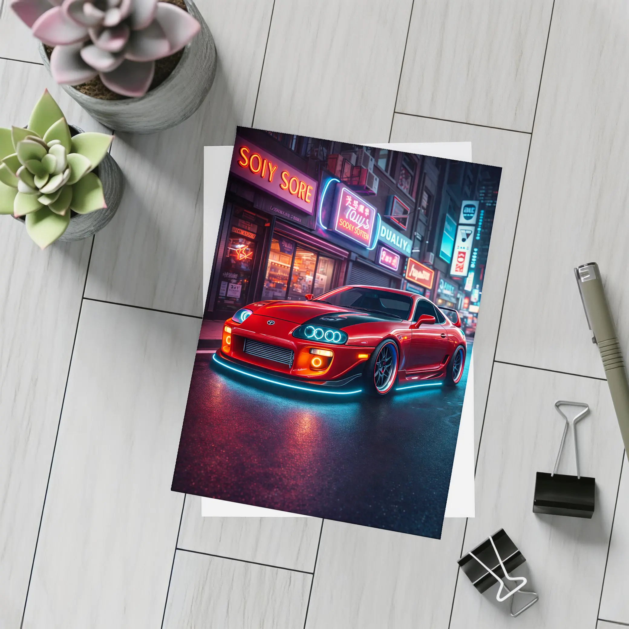 Toyota Supra Red Neon City Night Street – Postcards