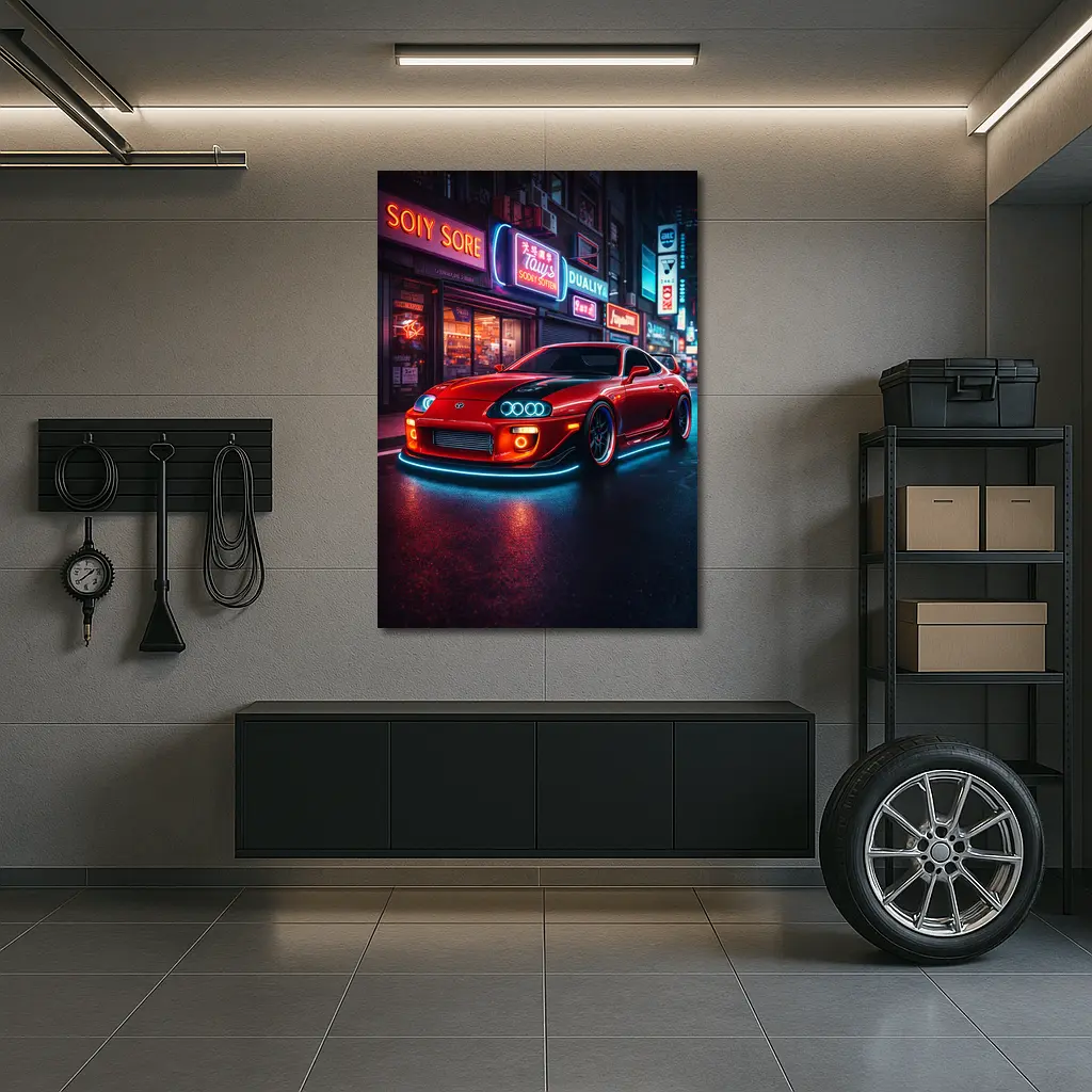 Toyota Supra Red Neon City Night Street – Wall Art