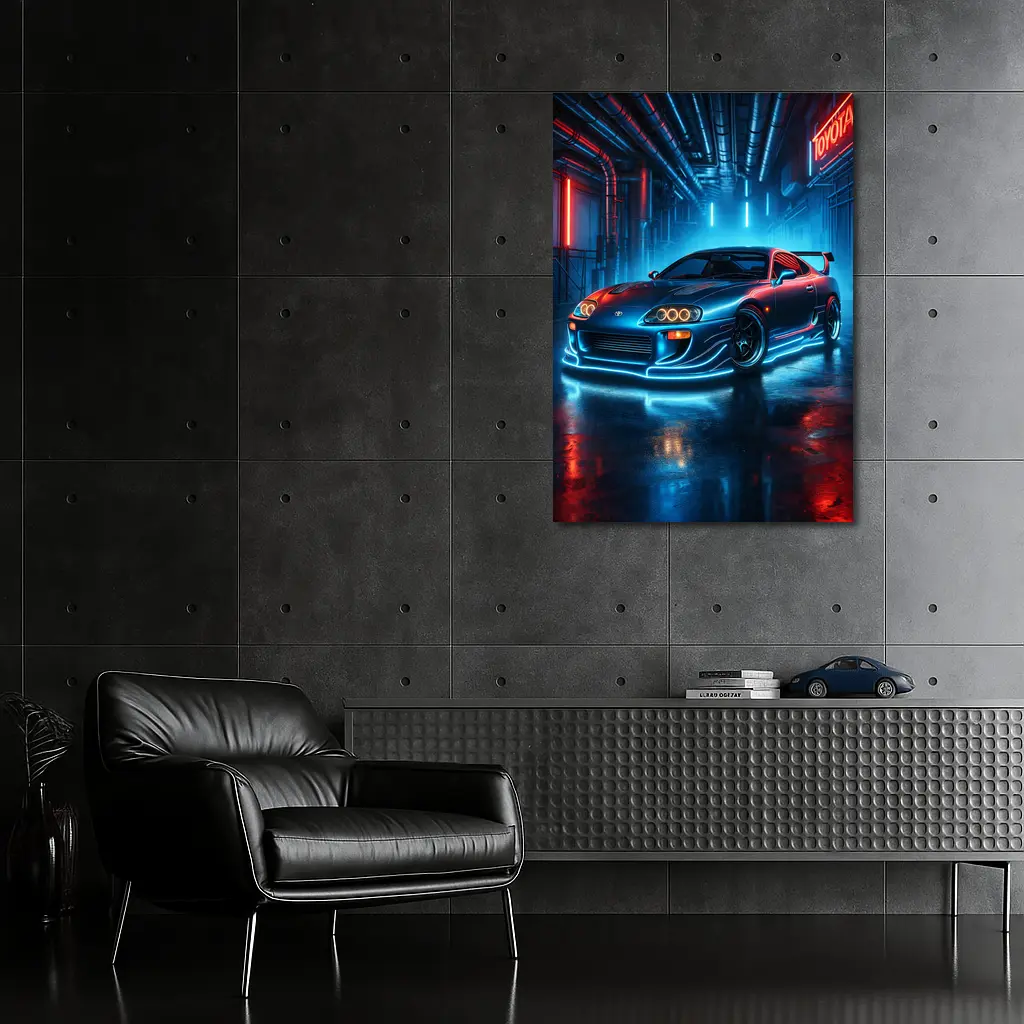 Toyota Supra Neon Glow Industrial Garage – Wall Art