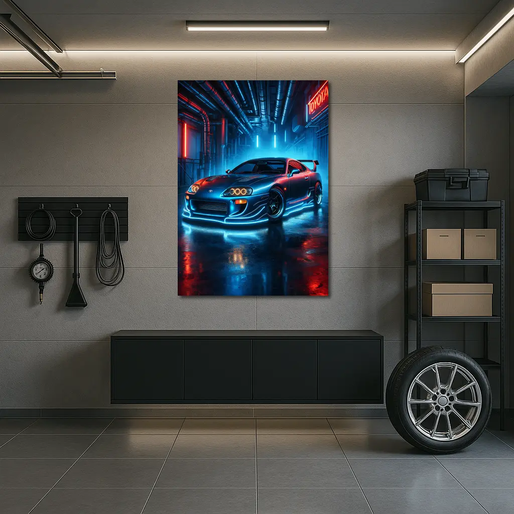 Toyota Supra Neon Glow Industrial Garage – Wall Art