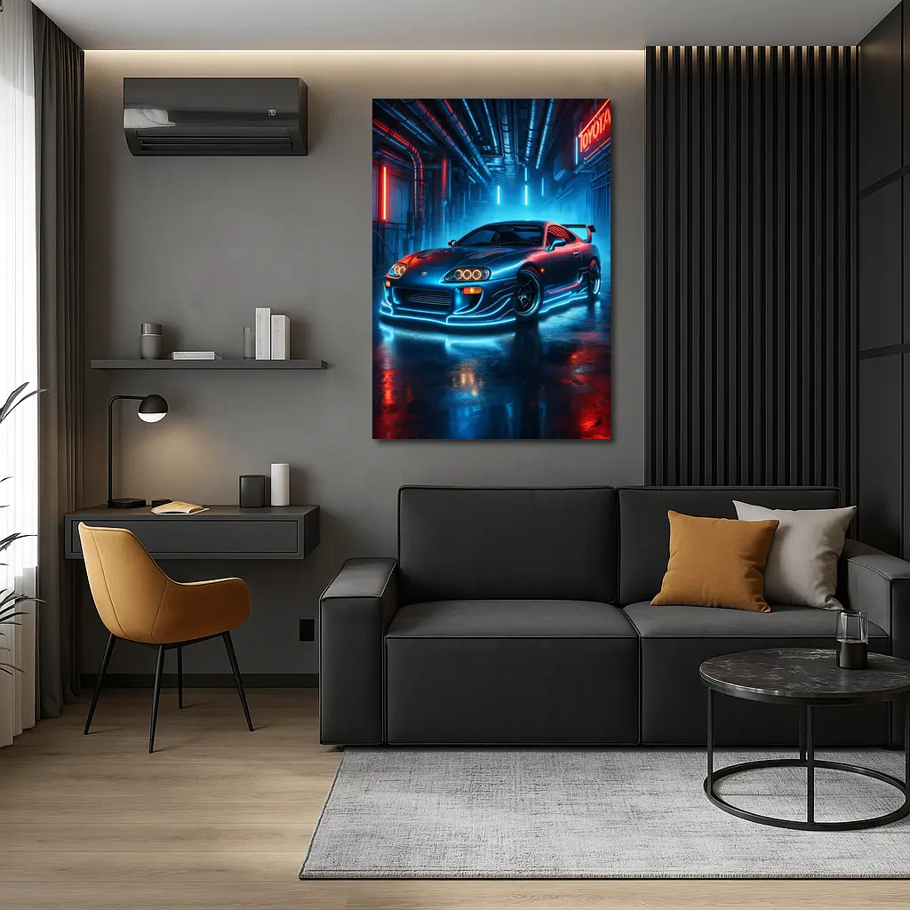 Toyota Supra Neon Glow Industrial Garage – Wall Art