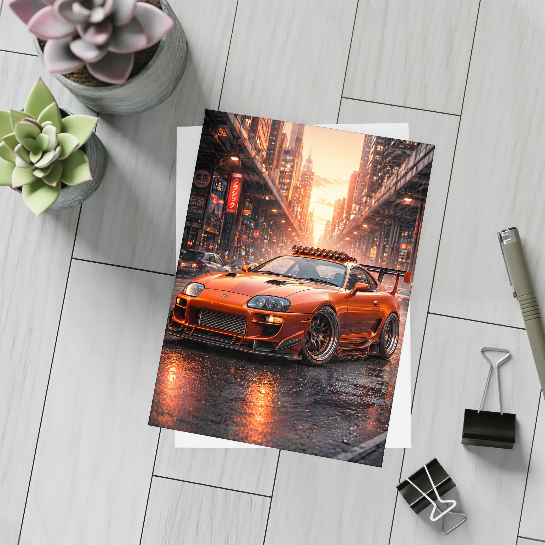 Toyota Supra Orange JDM City Sunset Street – Postcards