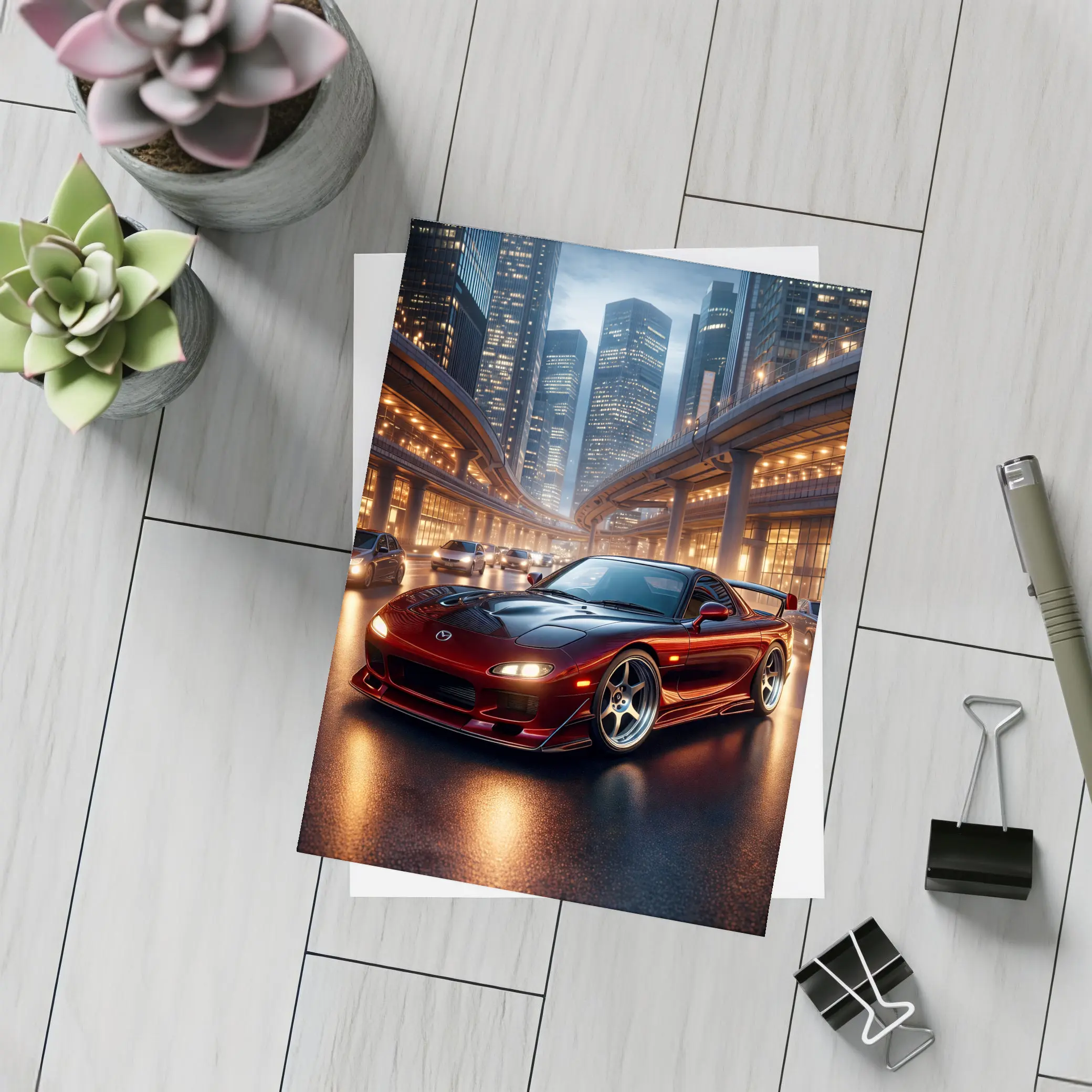 Mazda RX7 Red Sports Car City Night – Postcards