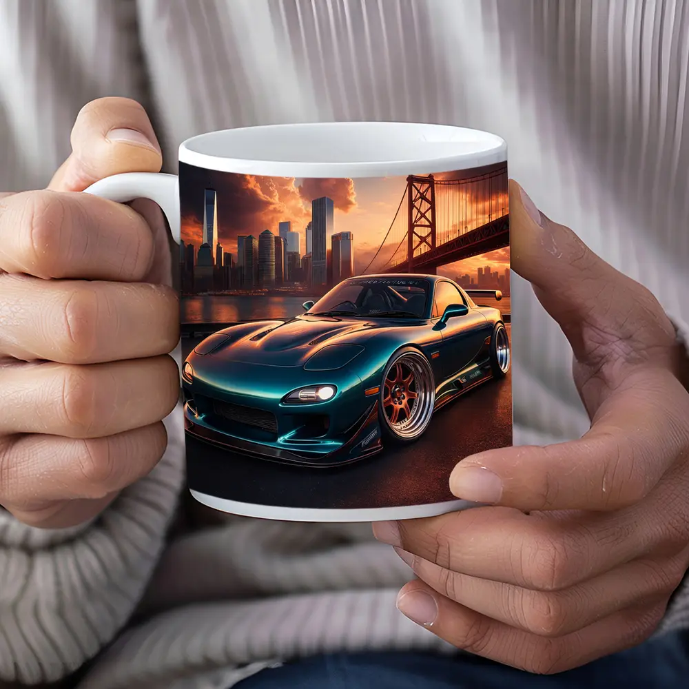 Mazda RX7 Teal Widebody City Bridge Sunset – Mugs