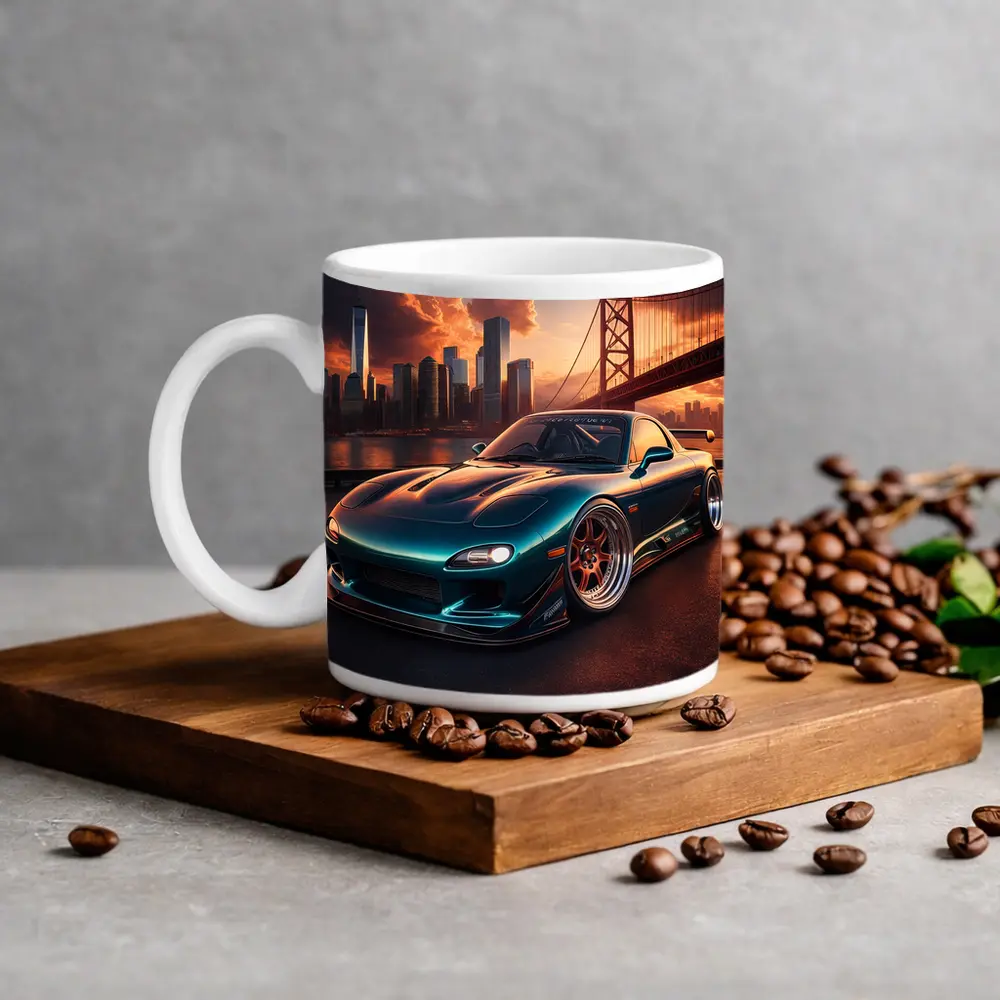 Mazda RX7 Teal Widebody City Bridge Sunset – Mugs