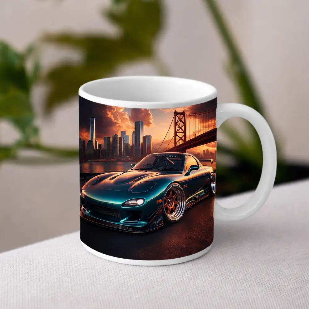Mazda RX7 Teal Widebody City Bridge Sunset – Mugs