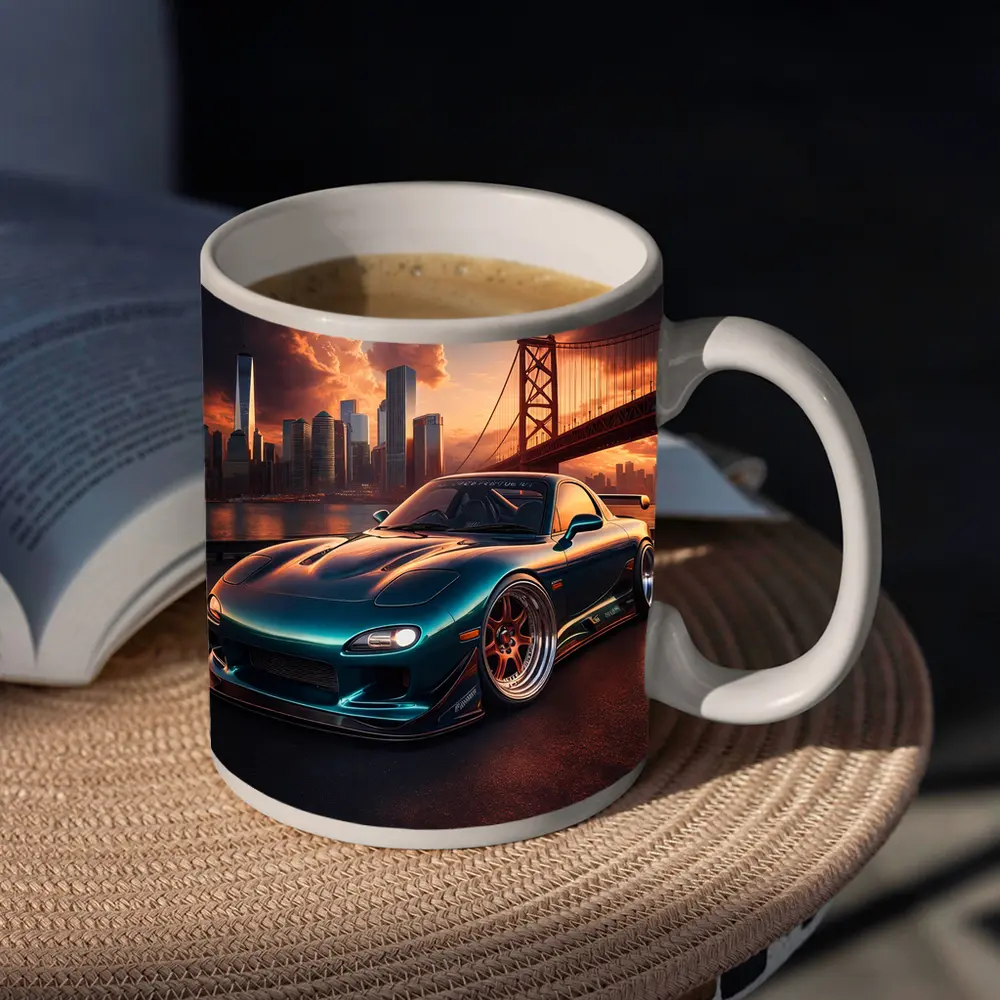 Mazda RX7 Teal Widebody City Bridge Sunset – Mugs