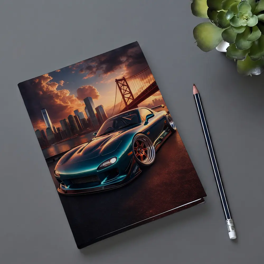 Mazda RX7 Teal Widebody City Bridge Sunset – Notebooks