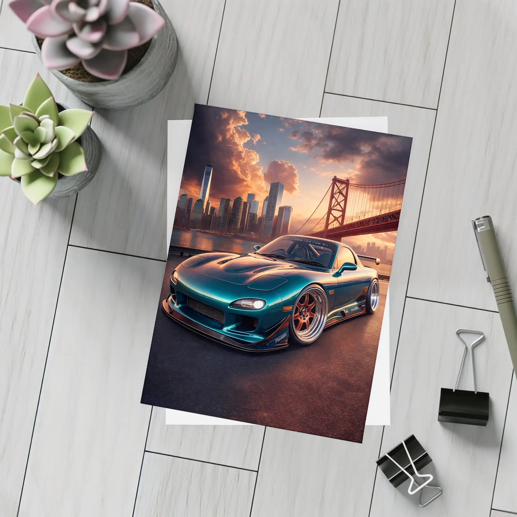 Mazda RX7 Teal Widebody City Bridge Sunset – Postcards
