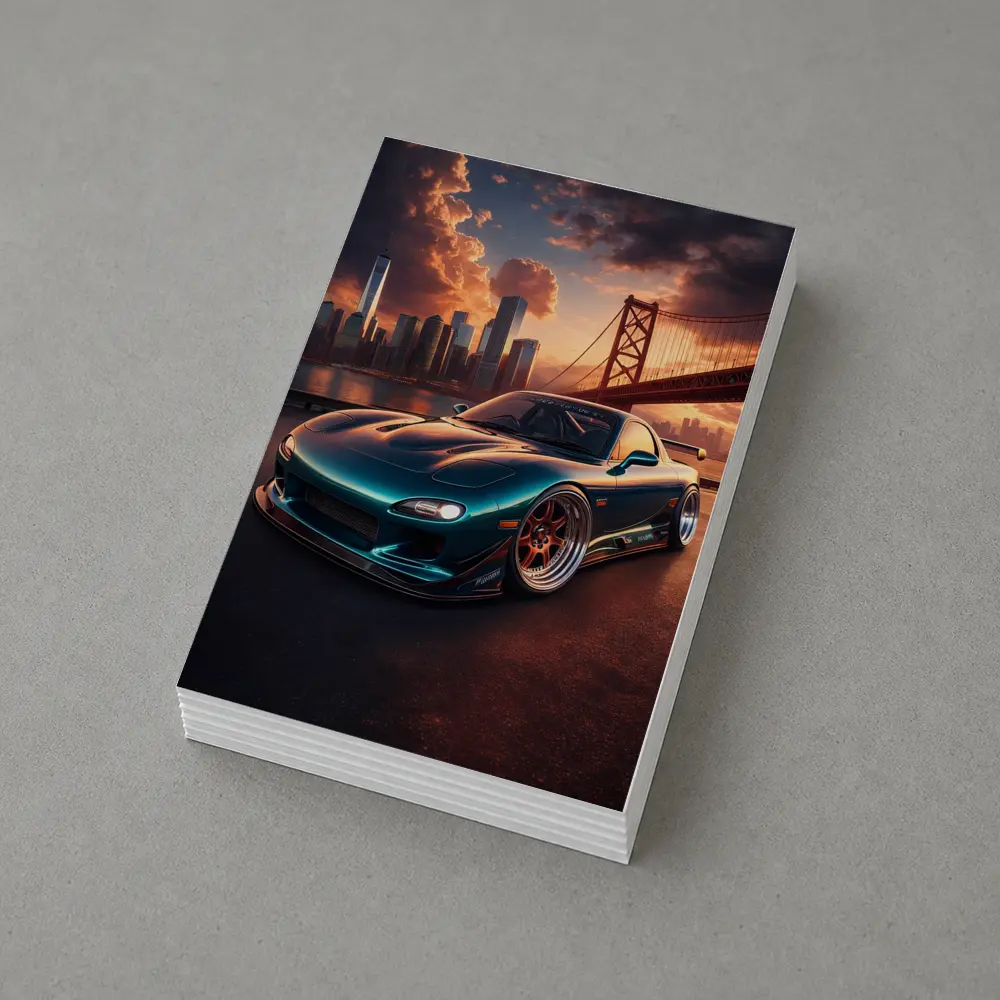 Mazda RX7 Teal Widebody City Bridge Sunset – Postcards