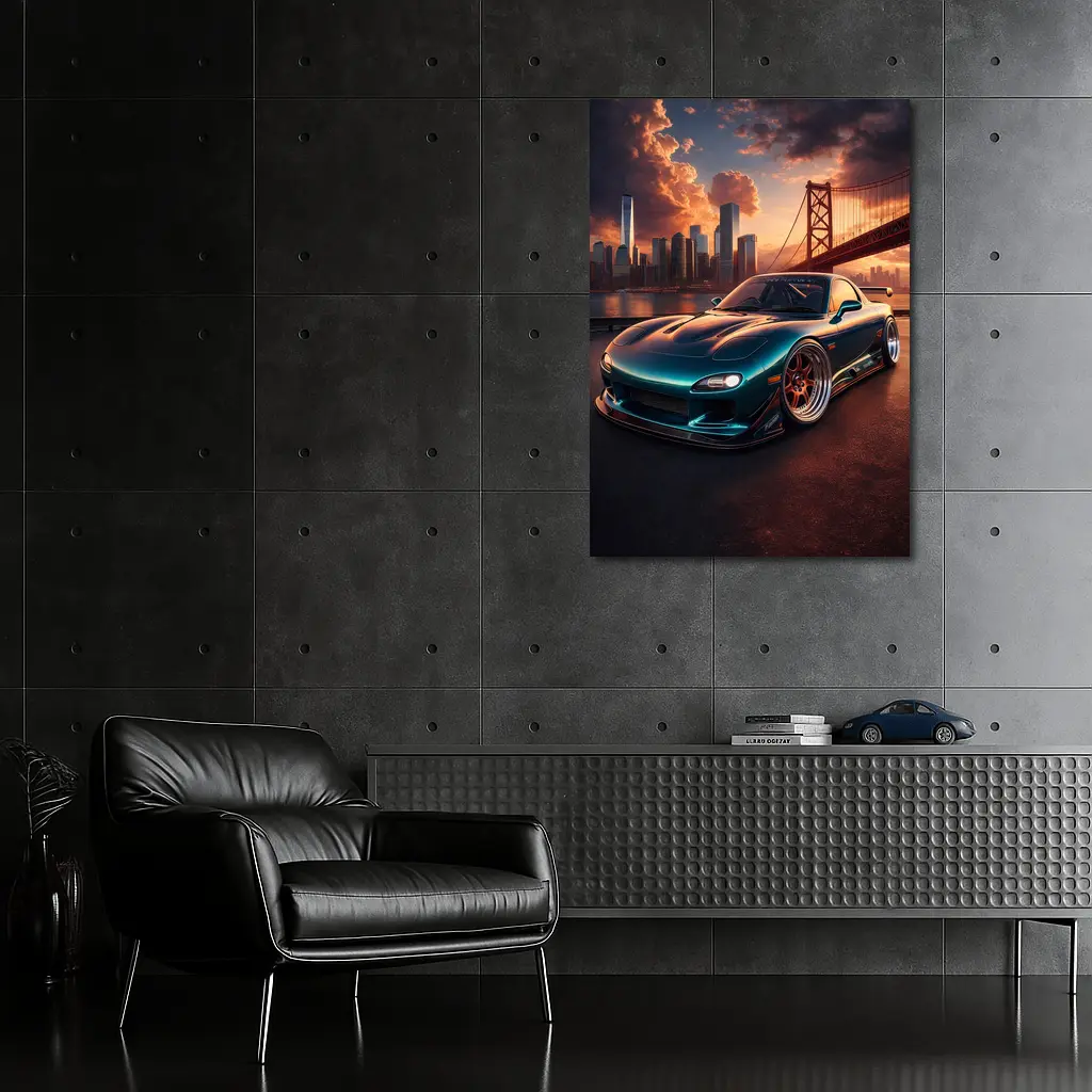 Mazda RX7 Teal Widebody City Bridge Sunset – Wall Art