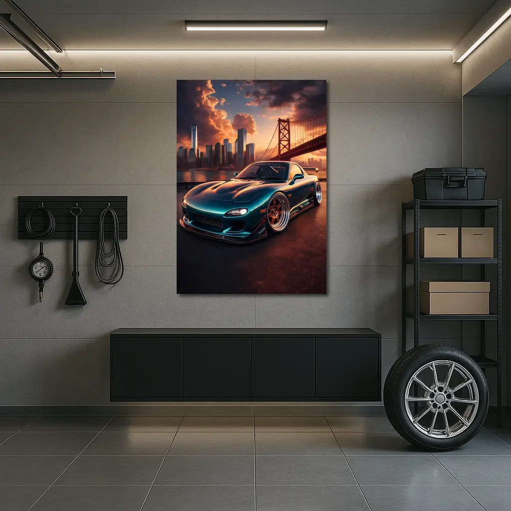 Mazda RX7 Teal Widebody City Bridge Sunset – Wall Art